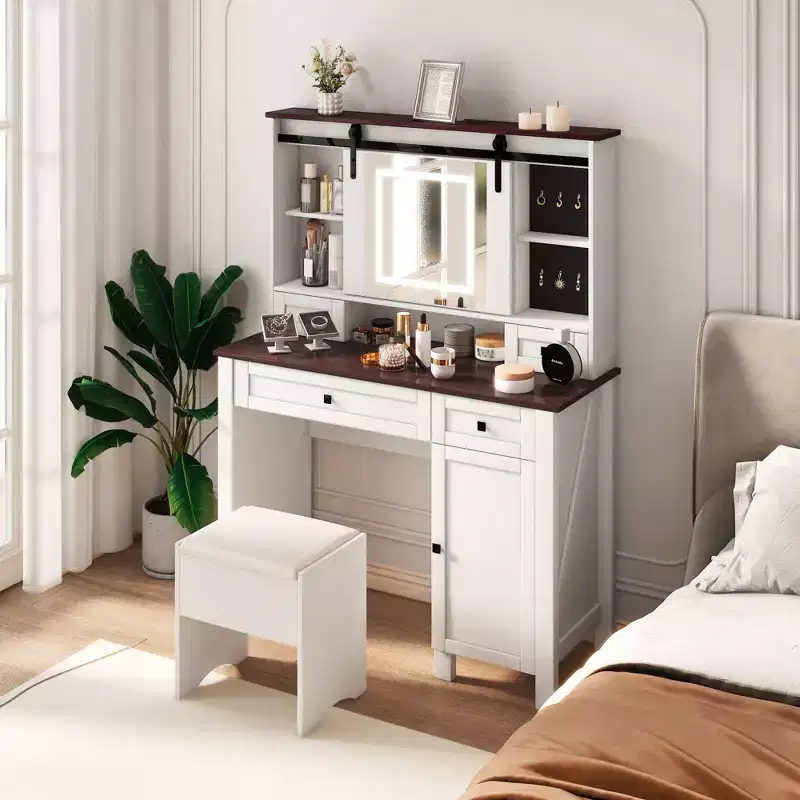 Okak Vanity Table with Lights, Farmhouse Makeup Vanity with Mirror and Lights, 41.73 Wide Vanity Table with 4 Drawers and 1 Cabinet
