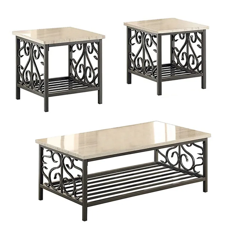 Faux Marble Top Table With Decorative Metal Frame, Cream & Gray