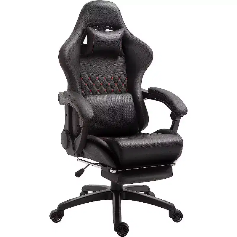 Gaming Chair with Massage Lumbar Support and Retractable Footrest, Leather, 300 lb Capacity