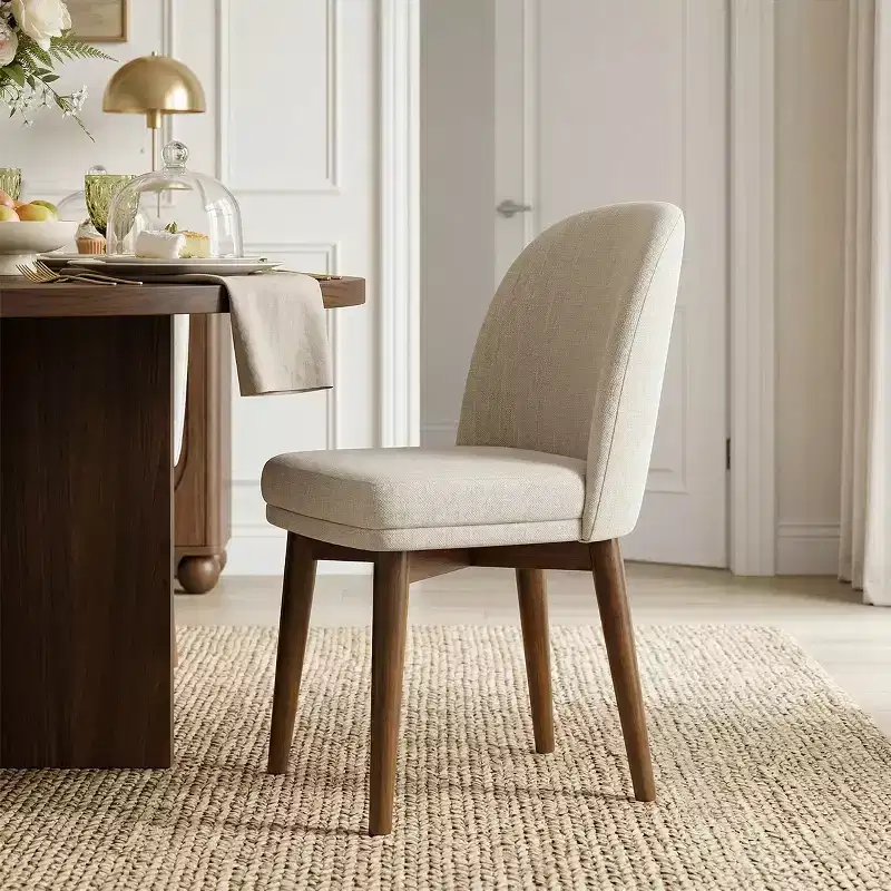 Mid-Century Round Dining Table with Walnut Veneer Top, Solid Wood Cross-Leg Base and Linen Chairs with Solid Wood Legs