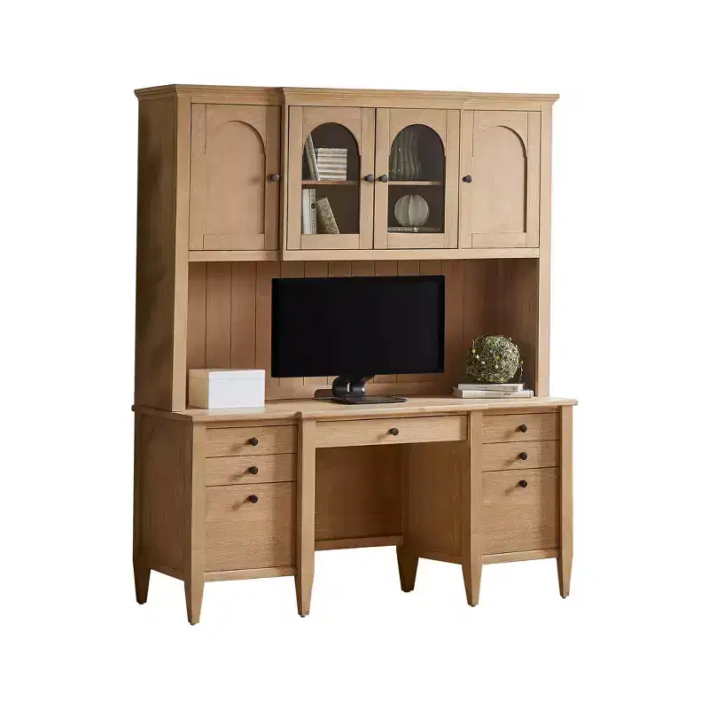 Modern Wood Credenza and Hutch Laurel Collection Light Brown - Martin Furniture: Wire Brushed, Arched Panels