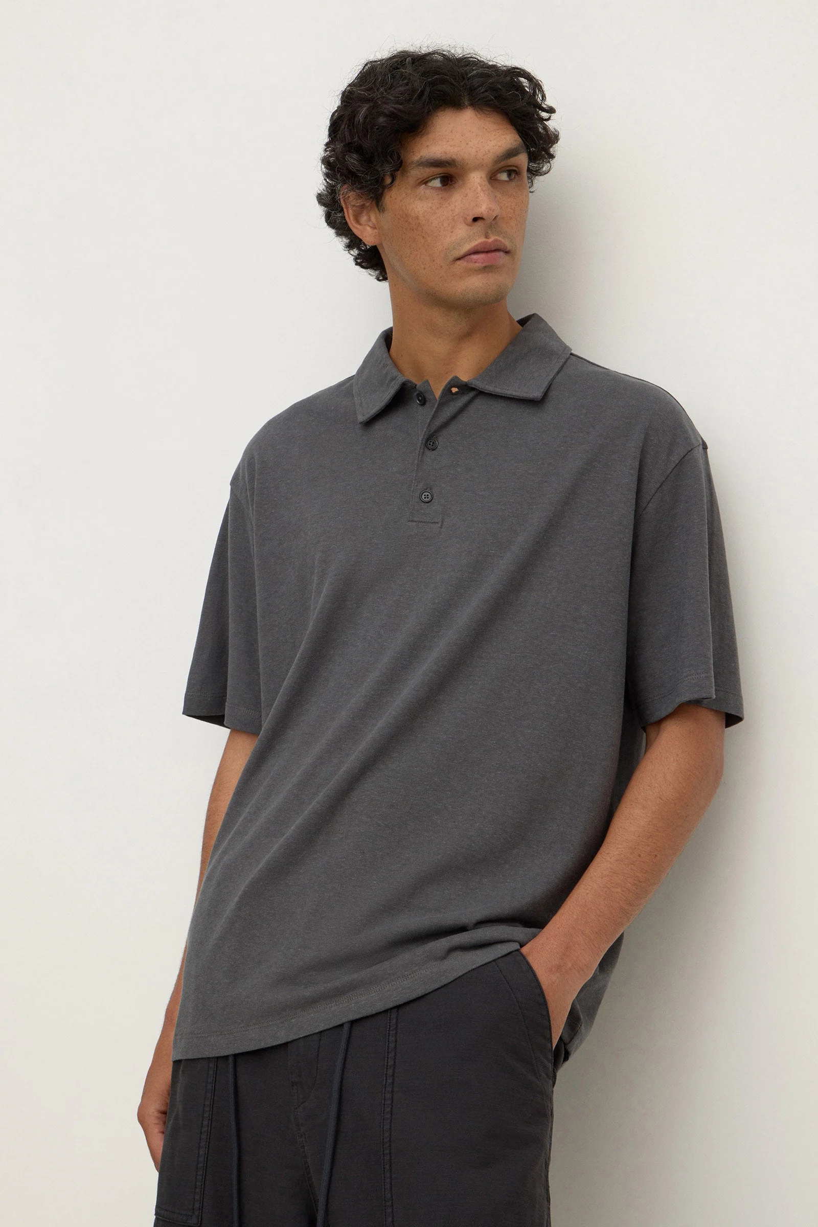 Washed Charcoal Hemp Cotton Knit Polo