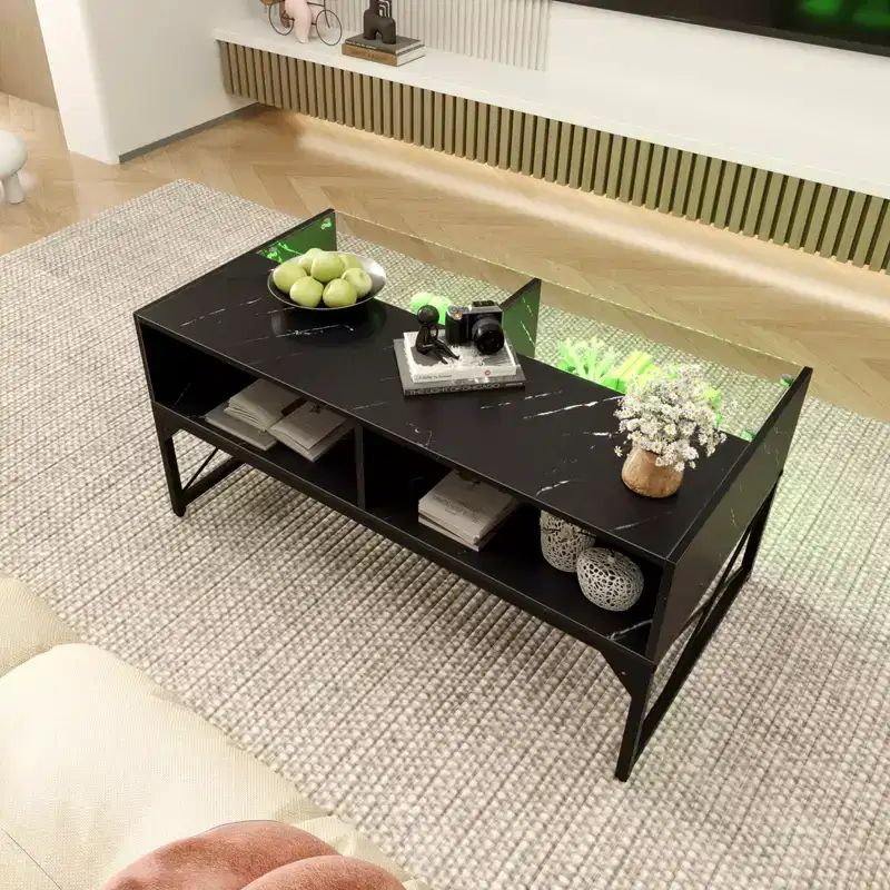 LED Coffee Table with 4 Storage Cubes, Faux Marble and Tempered Glass Top for Living Room, Black