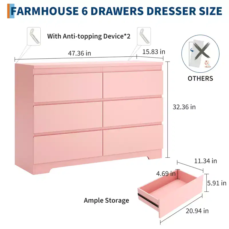 6 Drawer Dresser for Bedroom, 47.3'' Wide Wooden Chest of Drawers, Storage Dresser Organizer, Media Console Table for Living Room Hallway Entryway