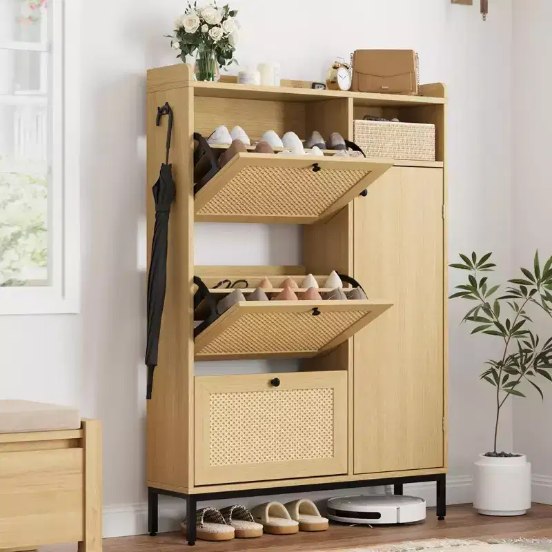 Acekool Rattan 4-Tier Shoe Cabinet with 3 Flip Drawers, Space-Saving Entryway Organizer for Hallway & Closet