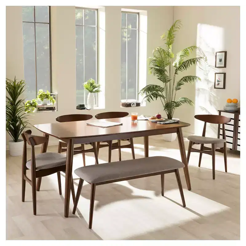 6pc Dining Set Flora Mid-Century Modern Wood Upholstered Bench & Chairs - Baxton Studio