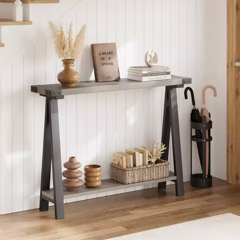 43.3 Inch Farmhouse Console Table - 2 Tier Entryway Table, MDF Sofa Table with Metal Frame, Behind Couch Table for Living Room, Hallway, Entryway