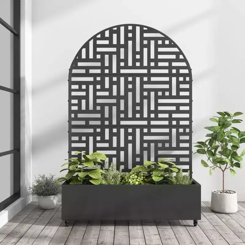 Outdoor Planter Box with Iron Trellis – 3-Piece Set