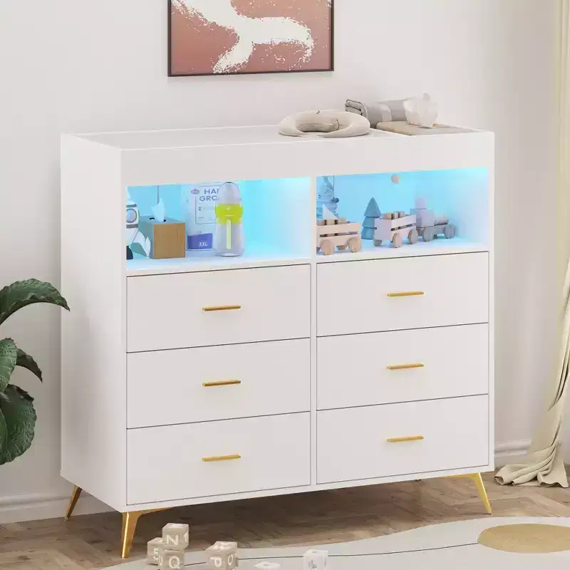 6-Drawer Convertible Baby Dresser with Changing Top & Pad  Modern Nursery Dresser for Infant Essentials, Tech-Ready Design