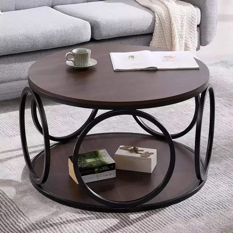 2-Tier Industrial Round Coffee Table with Metal Frame – Walnut, 31.5