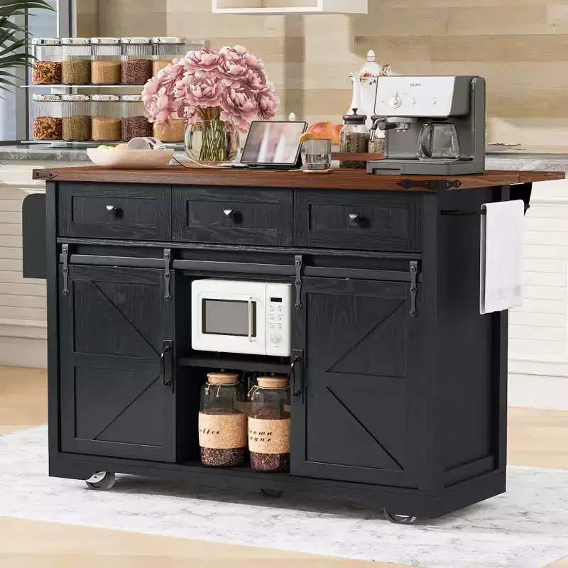 53.7 Farmhouse Kitchen Island with Power Outlet, Sliding Barn Doors, Drop Leaf, Spice Rack, Rolling Kitchen Cart