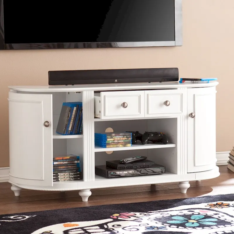 Wells Modern Farmhouse White TV Stand – Media Console with Curved Cabinets for TVs up to 46