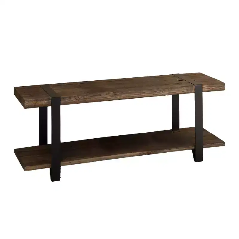 Alaterre Furniture Modesto 48 in. Solid Wood Entryway Bench with Storage Shelf, Rustic Natural Finish with Black Metal Legs and Strap Accent
