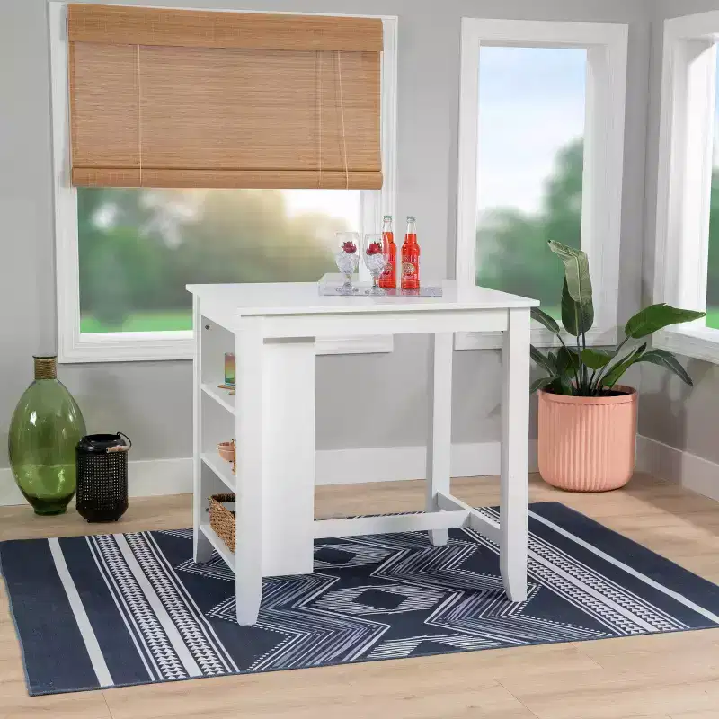 Counter Height Table, White Solid Wood, 3 Shelves, Dual USB, Seats 2, 36