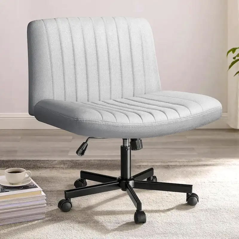 Armless Office Desk Chair with Wheels, Fabric Padded Cross Legged Chair, Swivel Wide Seat Vanity Chair