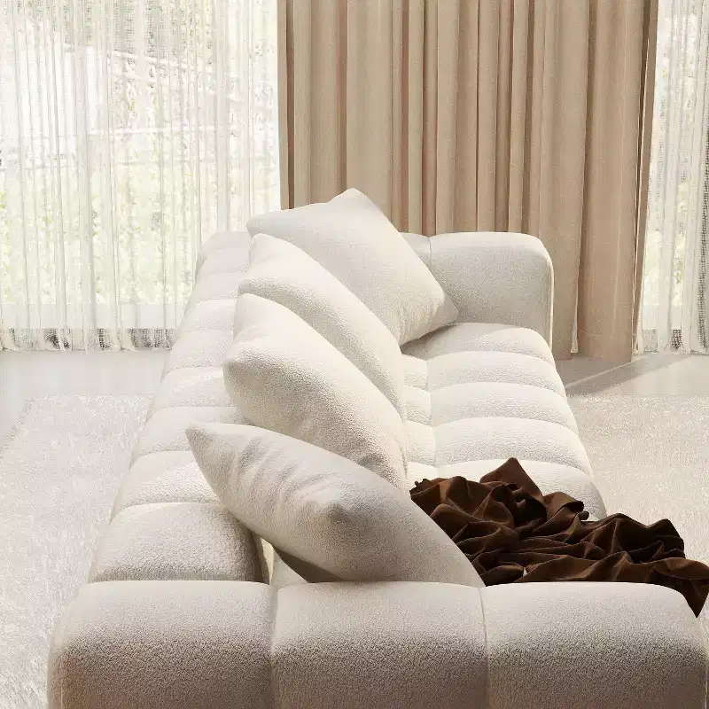 100.8W Modern 4-Seat White Teddy Velvet Sofa with Solid Wood Base