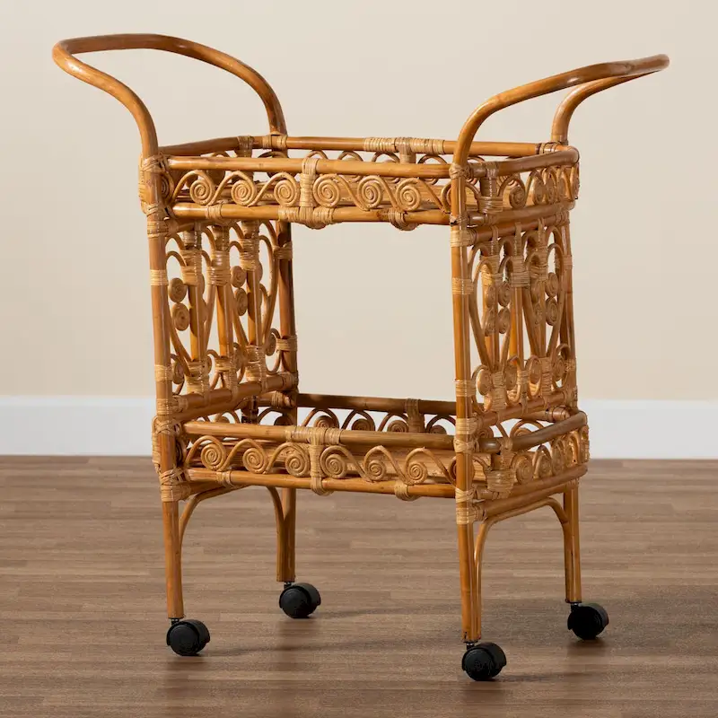 Diwata Modern Bohemian Natural Brown Rattan Kitchen Cart