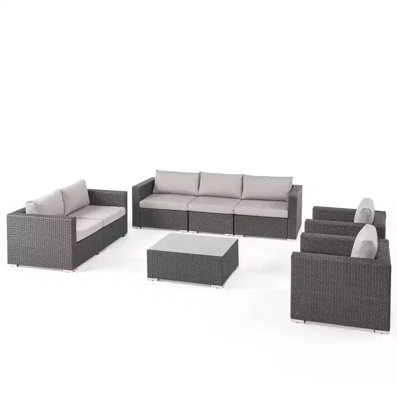 Christopher Knight Home Chloe Outdoor Wicker 7 Seater Sofa Chat Set with Cushions, Gray/Light Gray