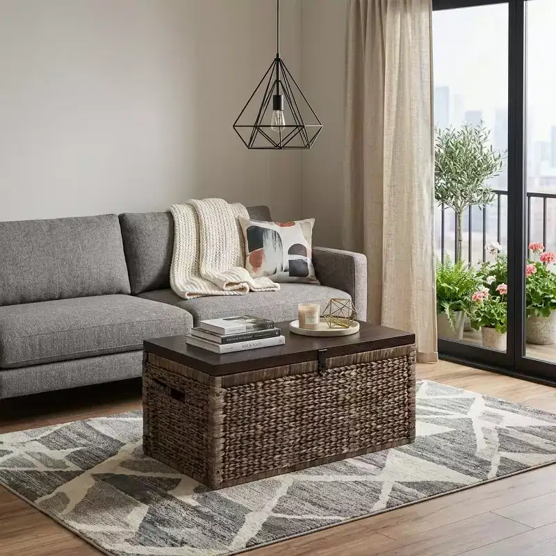 38 Brown Wood And Wicker With Iron Coffee Table