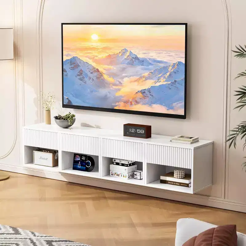 Floating Nightstand White Fluted Night Stand 1 Drawer Bed Side Table, Wood Storage Nightstand with Drawers for bedroom