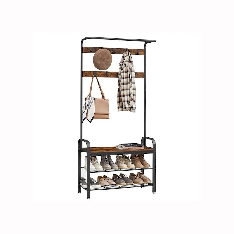 Coat Rack, Hall Tree with Shoe Bench for Entryway, 3-in-1 Design, Easy Assembly, Rustic Brown and Black