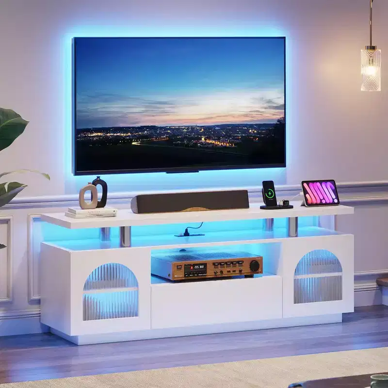 TV Stand, Modern Entertainment Center with Power Outlets & LED Lights for 65 TV, Media Console with Large Drawer & Adjustable Shelves, White