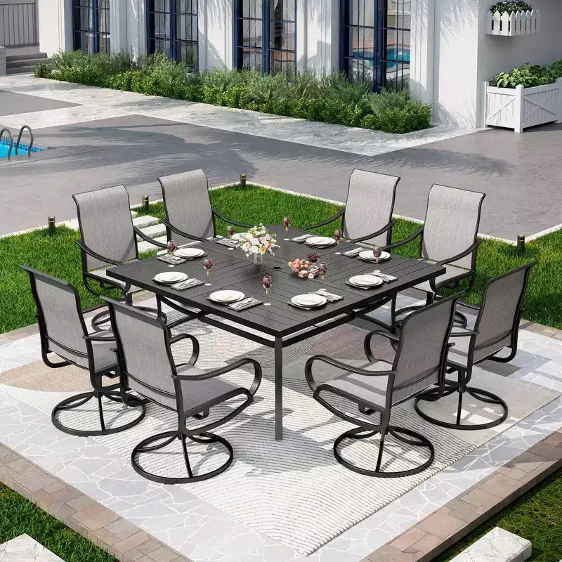 Captiva Designs 9pc Outdoor Slat-top Square Metal Dining Table and Sling Swivel Chairs