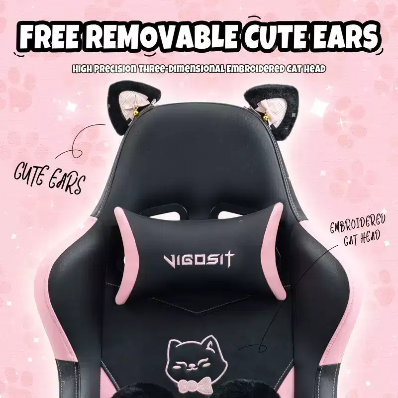 Okak Modern Cute Cat Swivel Gaming Chair with Paw Lumbar Cushion,High Ergonomic Task Chair Computer Chair for Adults