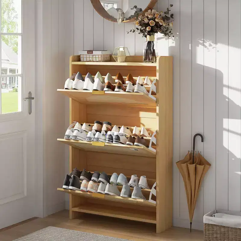 Modern narrow shoe cabinet for entryway  3 drop-down drawers and rattan doors  MDF wood storage unit  Natural oak style shoe organizer
