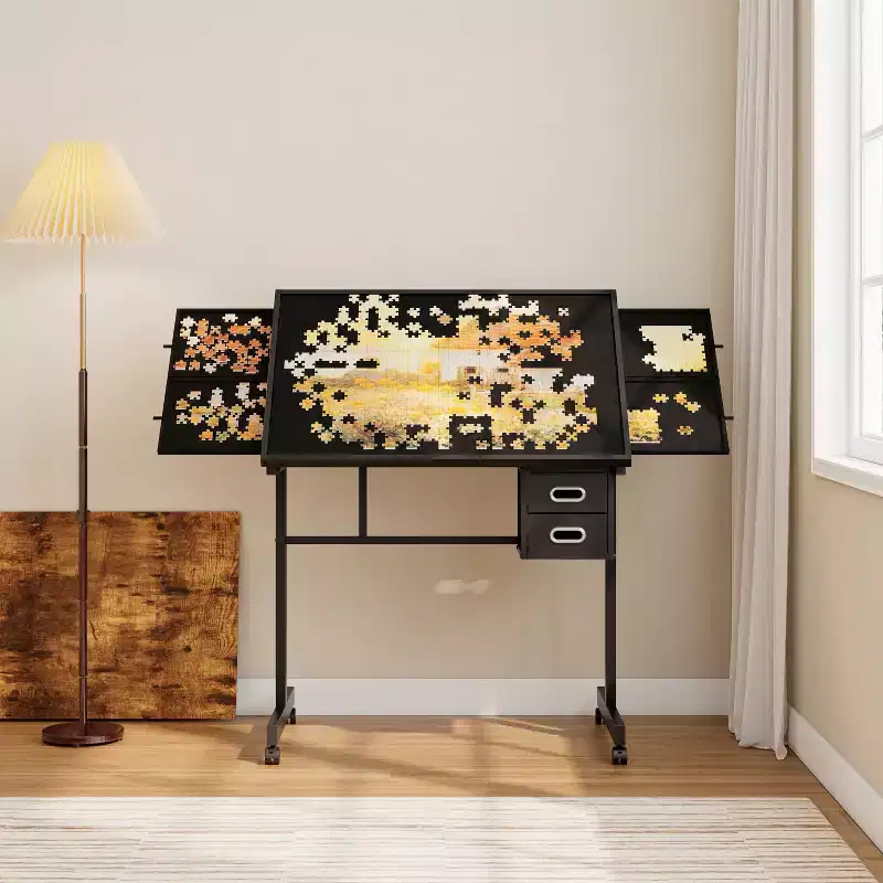 Okak Modern Adjustable Jigsaw Puzzle Drafting Table with Storage & Wheels,Metal Board Drafting Desk for Adults & Teens