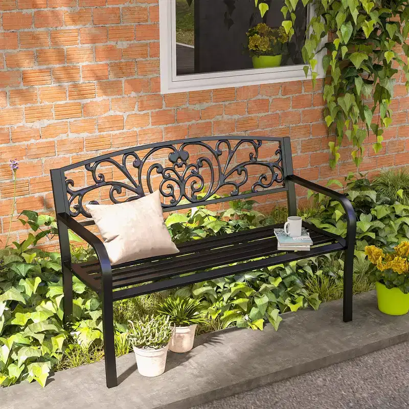 50 Outdoor Bench, Metal Garden Bench with Floral Pattern Backrest, Porch Bench with Slatted Seat for Park, Lawn