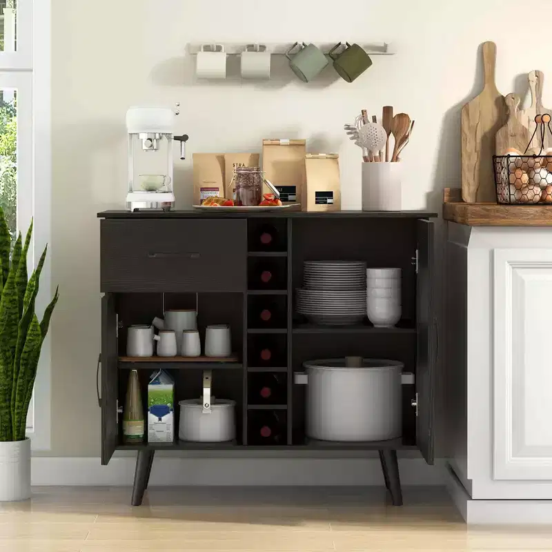 Costway 2-Door Wine Bar Cabinet Kitchen Sideboard Buffet with Drawer & Adjustable Shelves Black/Natural
