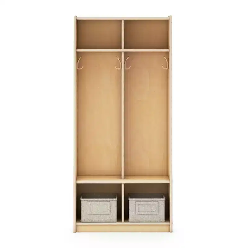 Guidecraft EdQ 2-Section Wooden Storage Locker with Bench Seat for Classroom, Kids Cubby Organizer with Shelves and Hooks for Coats