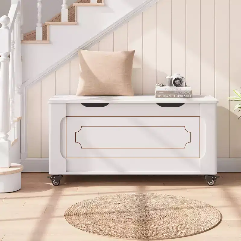 Practical storage bench  100cm wooden shoe rack with wheels, 2 safety hinges, sturdy structure, and a load-bearing capacity of up to 160kg.