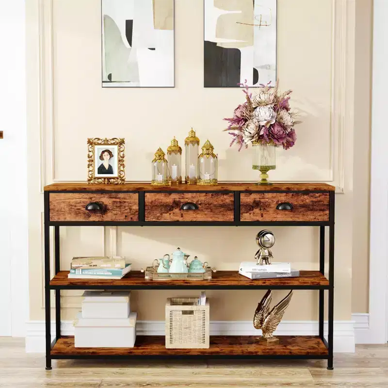 47in Wooden Rustic Brown Industrial Console Sofa Table With 3 Storage Drawers 3 Tier Display Shelves Behind Couch Entryway Living Room Foyer Hallway