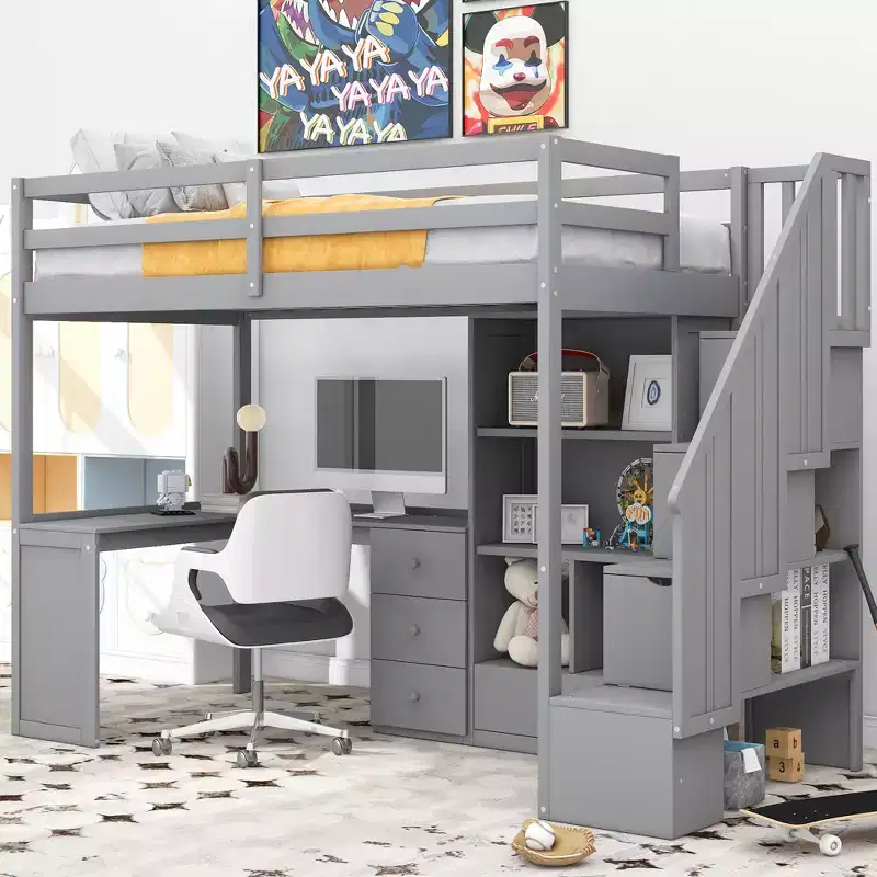 Twin Size Loft Bed with L-Shaped Desk, Storage Staircase, Drawers and Cabinet