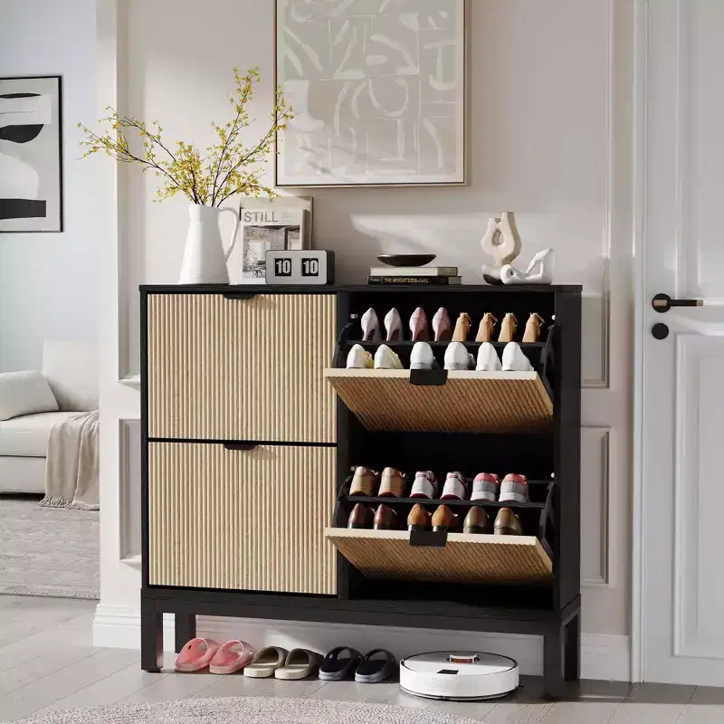 4-Drawer Shoe Cabinet, Narrow Freestanding Entryway Organizer with Metal Legs, White & Oak