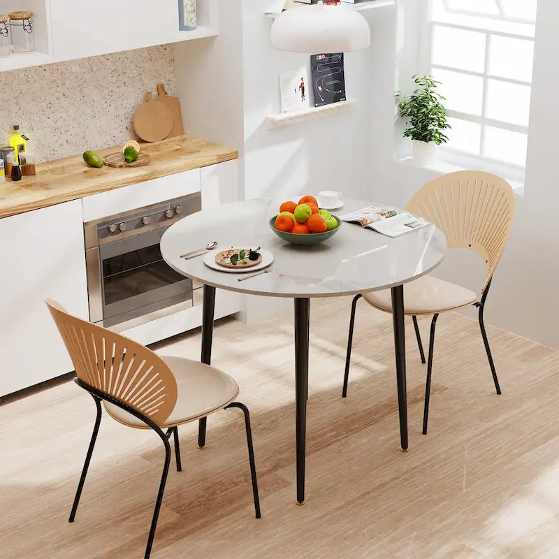 Round Kitchen Dining Table Marble Tabletop with Tapered Metal Legs - 31.5 W x 30 H