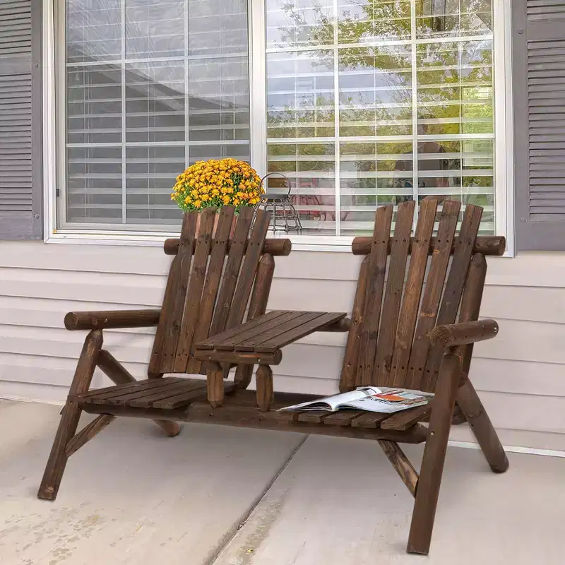 GDFStudio Eveline Rustic Patio 2-Seater Adirondack Slatted Bench with Table