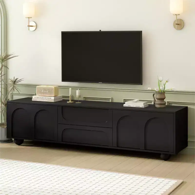 CLIHOME Minimalist TV Stand for TVs up to 75, Media Console with Rebound Device, Entertainment Center with with Arched Doors & 2 Drawers