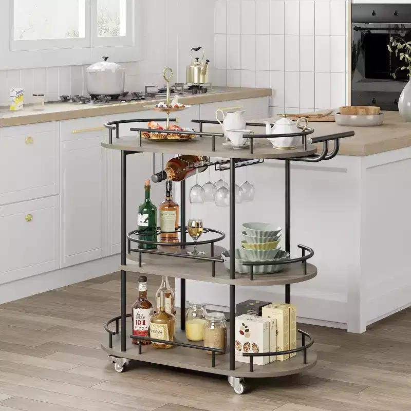 3-Tier Bar Cart on Wheels, Mobile Serving Cart with Wine Rack & Glass Holder, 360 Rotating Design, Lockable Noiseless Casters,34.2w x 15.7d x 37h