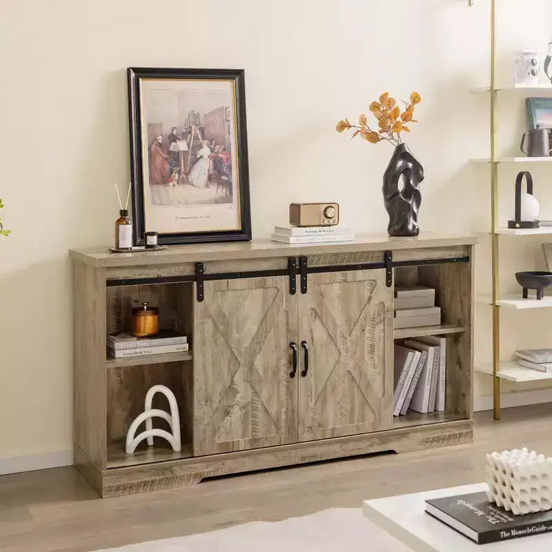 Farmhouse TV Stand with Sliding Barn Doors and Adjustable Shelves for TVs up to 65