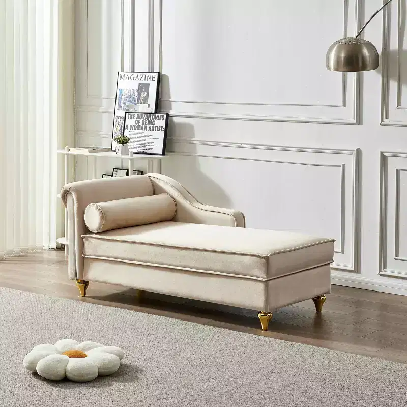 Velvet Chaise Lounge Sofa with Gold Metal Legs Round Pillow for Living Room Beige