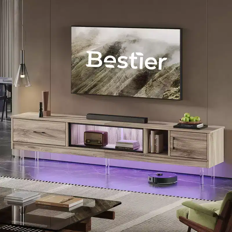 Bestier 80 TV Stand with Storage for TVs up to 85, LED High Glossy Entertainment Center with Drawer, TV Console Media Center with Open Shelves
