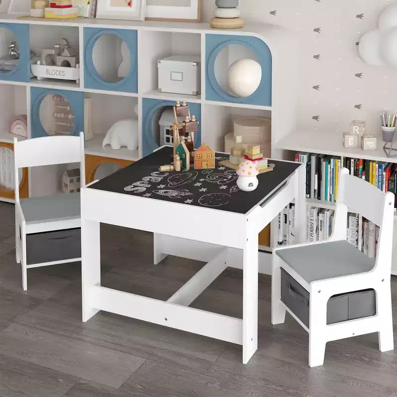 Whisen Kids Table and Chair Set, 3 in 1 Wooden Activity Table with Storage Drawer - White