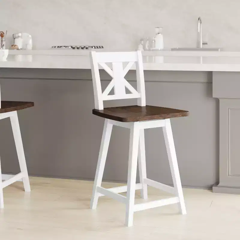 Emma and Oliver Wooden Modern Farmhouse Swivel Dining Stool with Decorative Carved Back