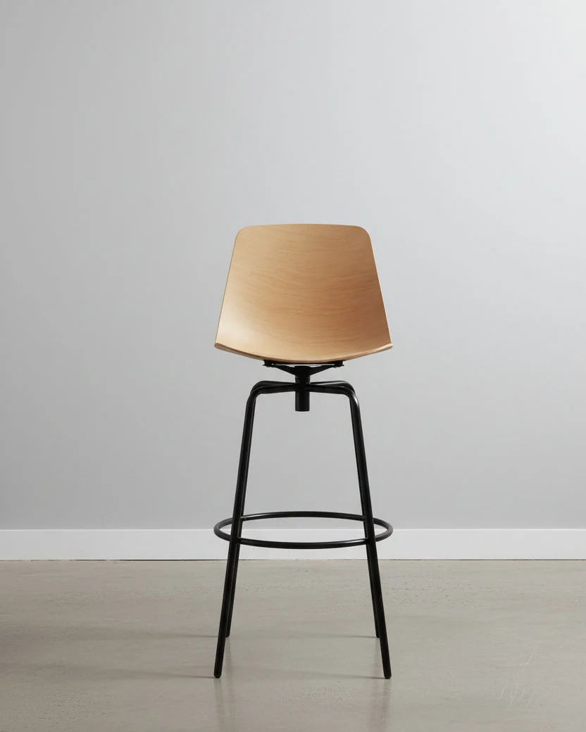 Minimal Natural Oak Wood Swivel Bar Stool with Black Metal Base for Kitchen