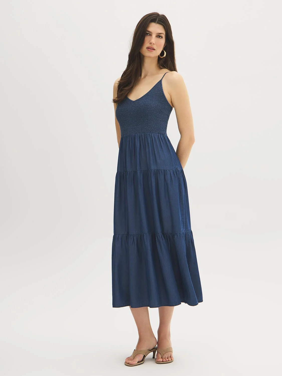 Smocked Tiered Denim Midi Dress