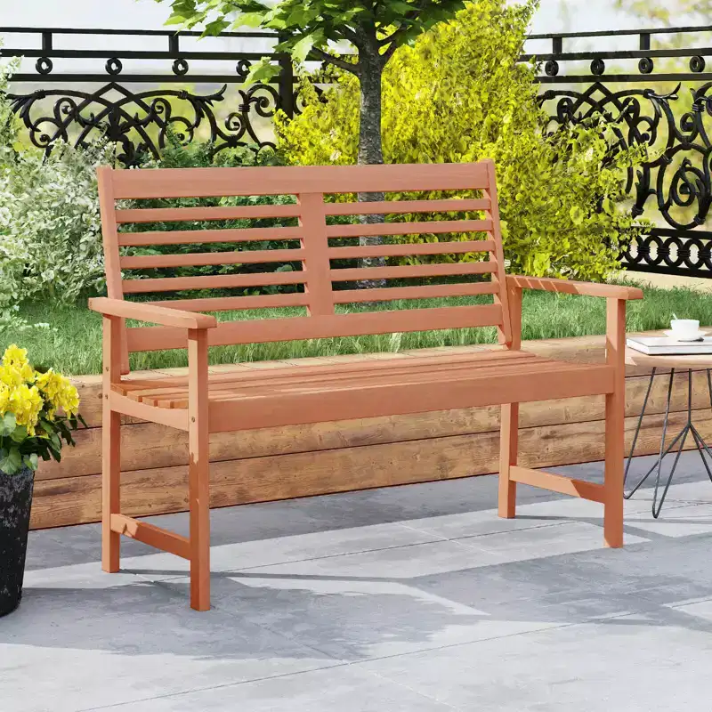 Costway Patio Solid Wood Loveseat with Inclined Backrest & Slatted Seat Teak Painting