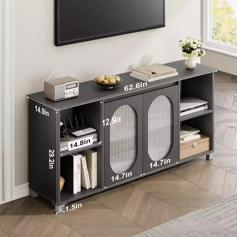 TV Cabinet for up to 70 Inch TV, Rustic TV Stand with Corrugated Glass Doors & Open Shelves for Living Room